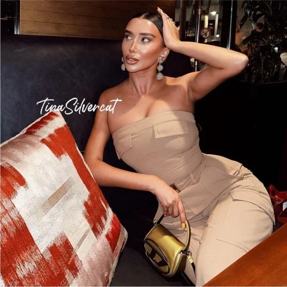 Zara cargo jumpsuit wide leg sleeveless tan belted - Picture 2 of 8